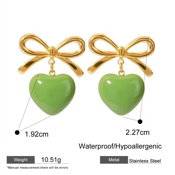 18k Gold Plated Bowknot Green Heart Drip Oil Earrings - Picture 5 of 8